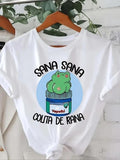 Women'WB shield Cartoon Frog & Letter Print Drop Shoulder Tee, Casual Cute Short Sleeve Round Neck T-Shirt for Daily...