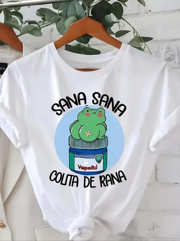 Women'WB shield Cartoon Frog & Letter Print Drop Shoulder Tee, Casual Cute Short Sleeve Round Neck T-Shirt for Daily...