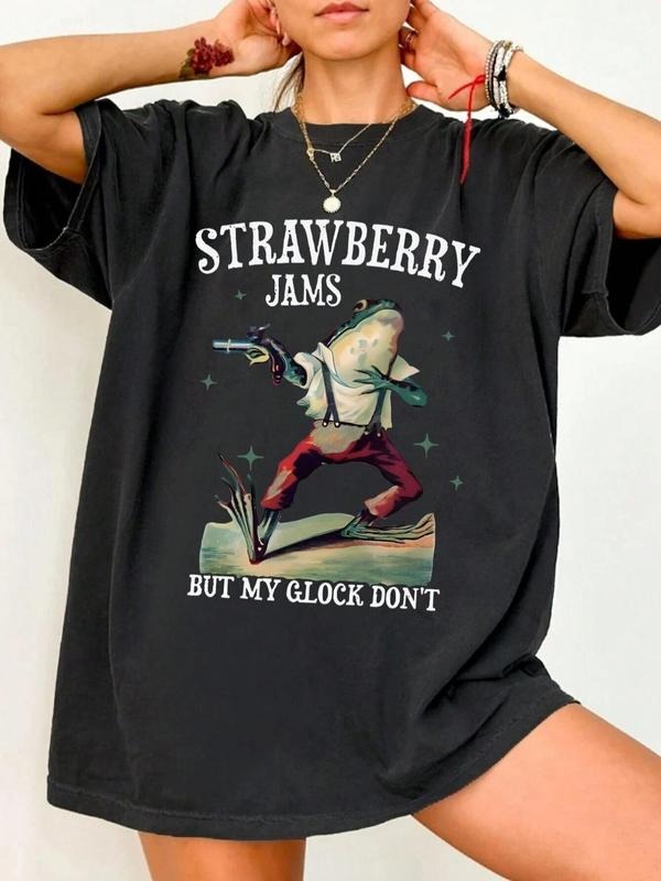 Women'WB shield Cartoon Frog & Letter Print Drop Shoulder Tee, Street Fashion Casual FOG Comfy Short Sleeve Round Neck...