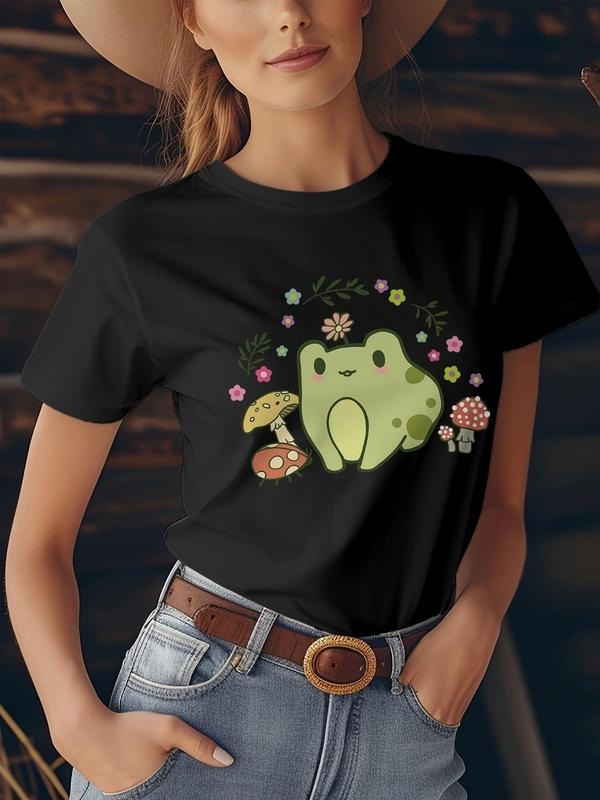 Women'WB shield Cartoon Frog & Mushroom Print Round Neck Tee, Cute Graphic Short Sleeve T-shirt, Ladies TNF for Spiky...