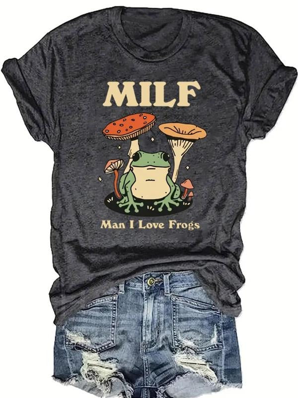 Women'WB shield Cartoon Frog & Mushroom Print Round Neck Tee, Summer Casual Fitted Short Sleeve T-shirt for Summer,...