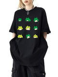 Women'WB shield Cartoon Frog Print Drop Shoulder Tee, Cute Casual Half Sleeve Round Neck T-shirt for Daily Wear, Ladies...