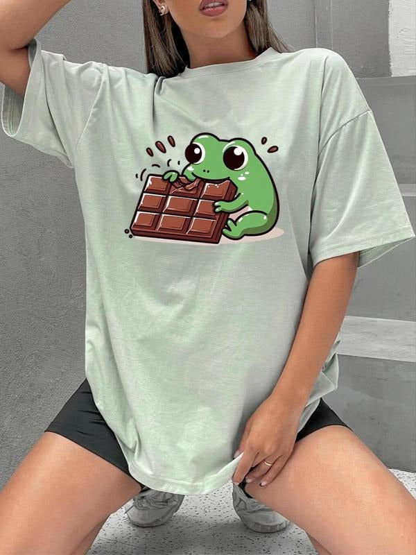 Women'WB shield Cartoon Frog Print Round Neck Tee, Casual Drop Shoulder Half Sleeve T-shirt for Daily Holiday Vacation...
