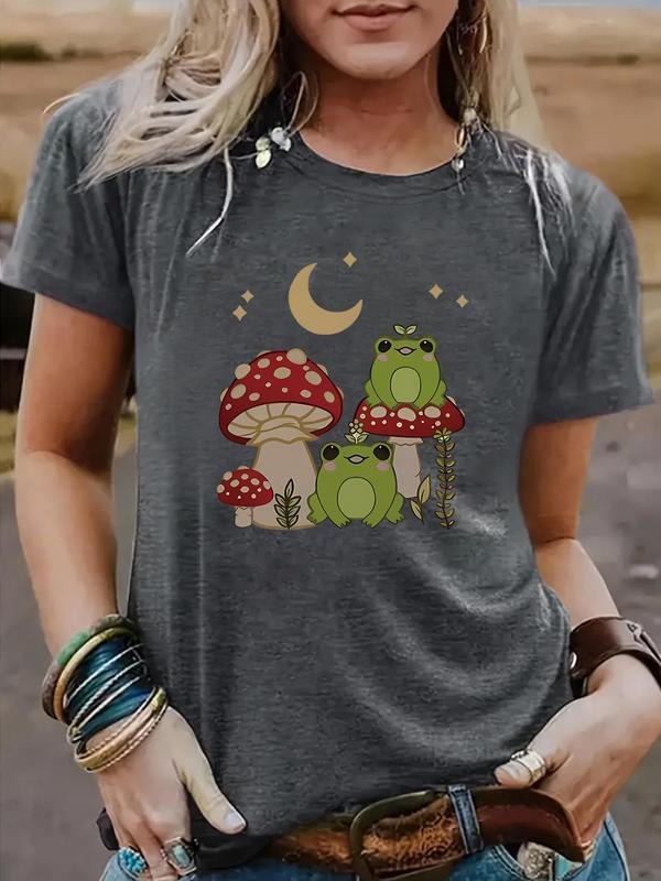 Women'WB shield Cartoon Frog Print Round Neck Tee, Casual Fashion Short Sleeve T-shirt for Summer, Ladies TNF for Daily...