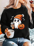 Women'WB shield Cartoon Ghost & Letter Print Crew Neck Drop Shoulder Sweatshirt, Casual Long Sleeve Pullover for Fall &...