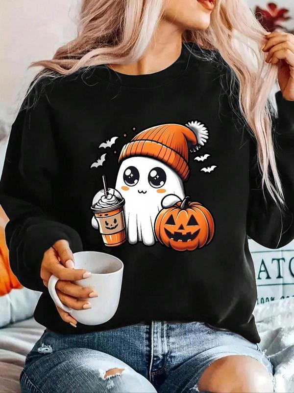 Women'WB shield Cartoon Ghost & Letter Print Crew Neck Drop Shoulder Sweatshirt, Casual Long Sleeve Pullover for Fall &...
