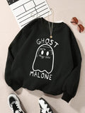 Women'WB shield Cartoon Ghost & Letter Print Crew Neck Sweatshirt, Casual Long Sleeve Pullover for Daily Wear, Ladies TNF...