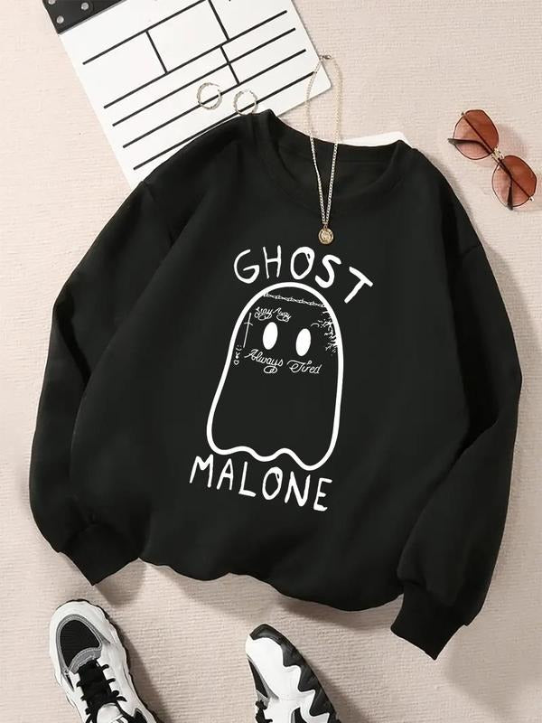 Women'WB shield Cartoon Ghost & Letter Print Crew Neck Sweatshirt, Casual Long Sleeve Pullover for Daily Wear, Ladies TNF...