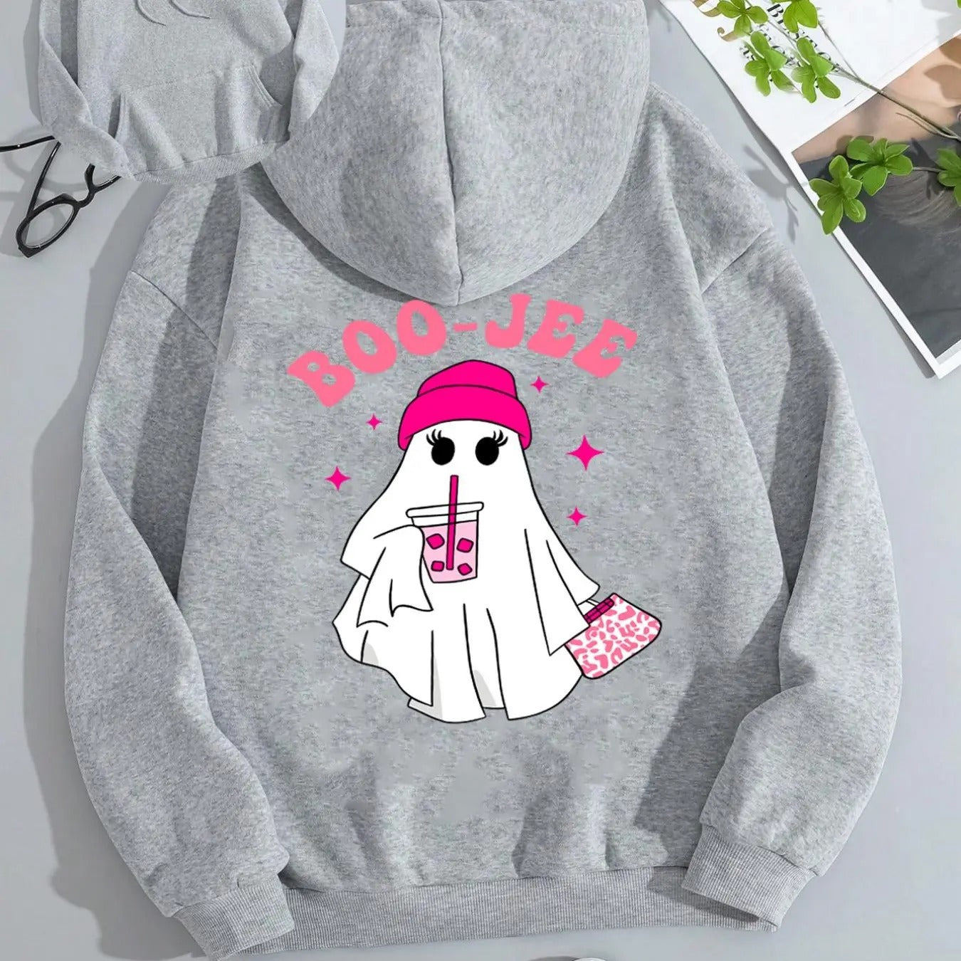 Women'WB shield Cartoon Ghost & Letter Print Drop Shoulder Hoodie, Fashion Casual Drawstring Pocket Hooded Sweatshirt for...