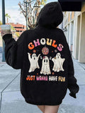 Women'WB shield Cartoon Ghost & Letter Print Drop Shoulder Long Sleeve Drawstring Hoodie, Fashion Casual Halloween TNF...