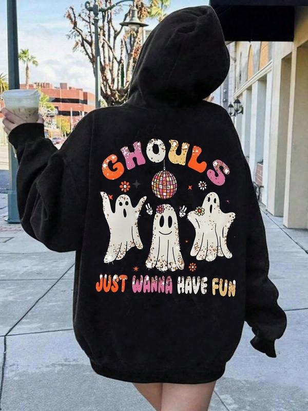Women'WB shield Cartoon Ghost & Letter Print Drop Shoulder Long Sleeve Drawstring Hoodie, Fashion Casual Halloween TNF...