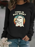 Women'WB shield Cartoon Ghost & Letter Print Drop Shoulder Sweatshirt, Casual Halloween Long Sleeve Round Neck Pullover...
