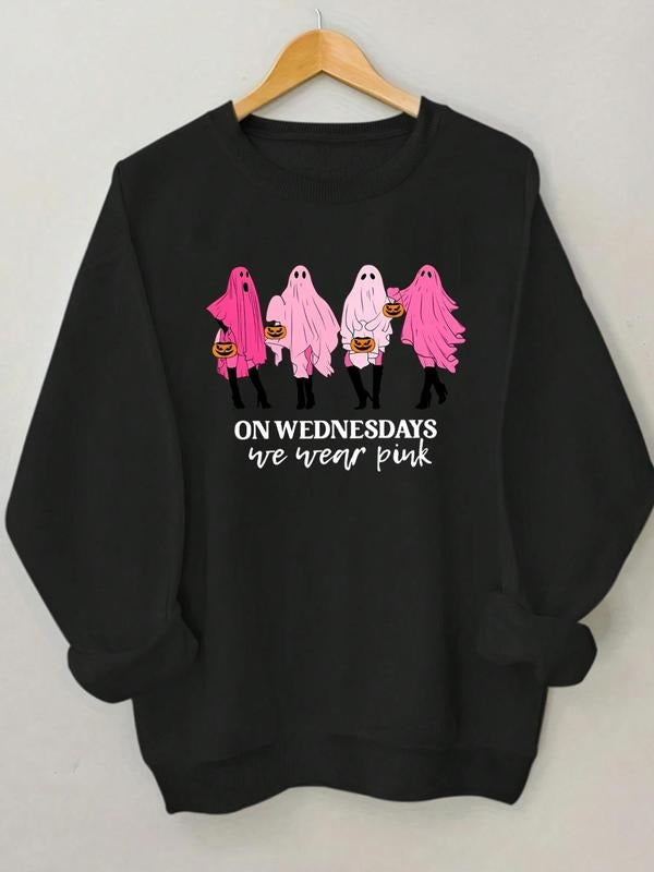 Women'WB shield Cartoon Ghost & Letter Print Drop Shoulder Sweatshirt, Casual Long Sleeve Round Neck Pullover for Daily...