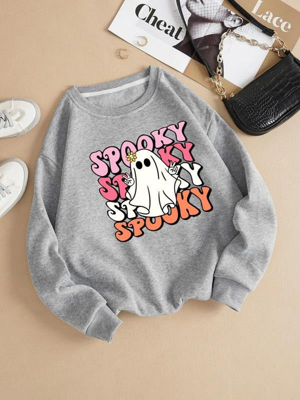 Women'WB shield Cartoon Ghost & Letter Print Drop Shoulder Sweatshirt, Casual Long Sleeve Round Neck Pullover for Daily...
