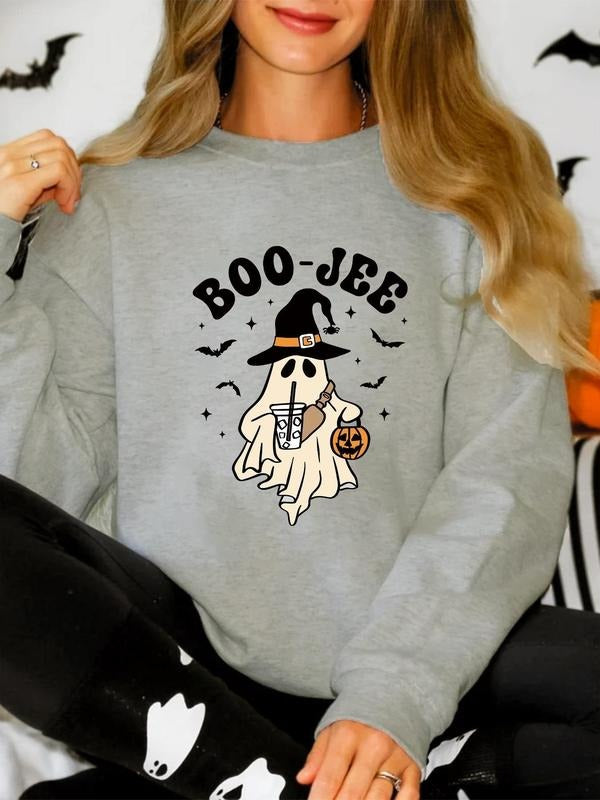 Women'WB shield Cartoon Ghost & Letter Print Drop Shoulder Sweatshirt, Casual Long Sleeve Round Neck Pullover for Daily...
