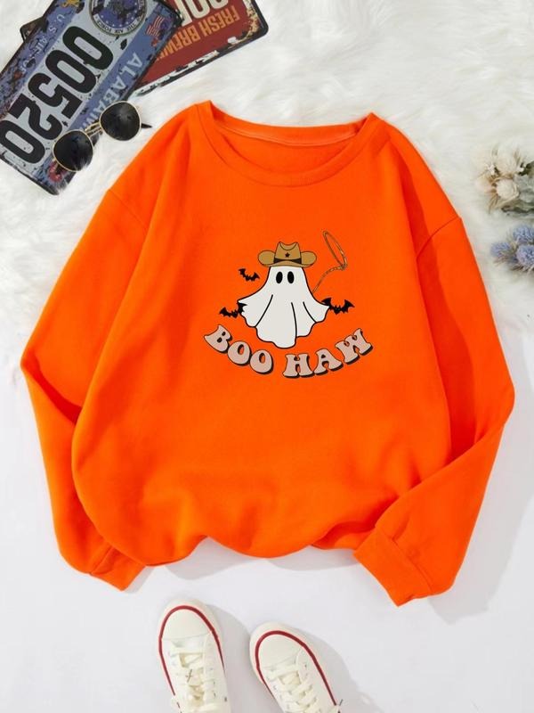 Women'WB shield Cartoon Ghost & Letter Print Drop Shoulder Sweatshirt, Casual Long Sleeve Round Neck Pullover for...