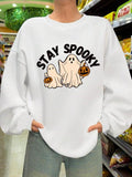 Women'WB shield Cartoon Ghost & Letter Print Drop Shoulder Sweatshirt, Cute Casual Halloween Long Sleeve Round Neck...