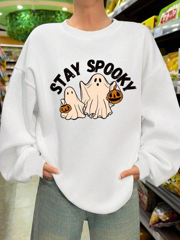 Women'WB shield Cartoon Ghost & Letter Print Drop Shoulder Sweatshirt, Cute Casual Halloween Long Sleeve Round Neck...