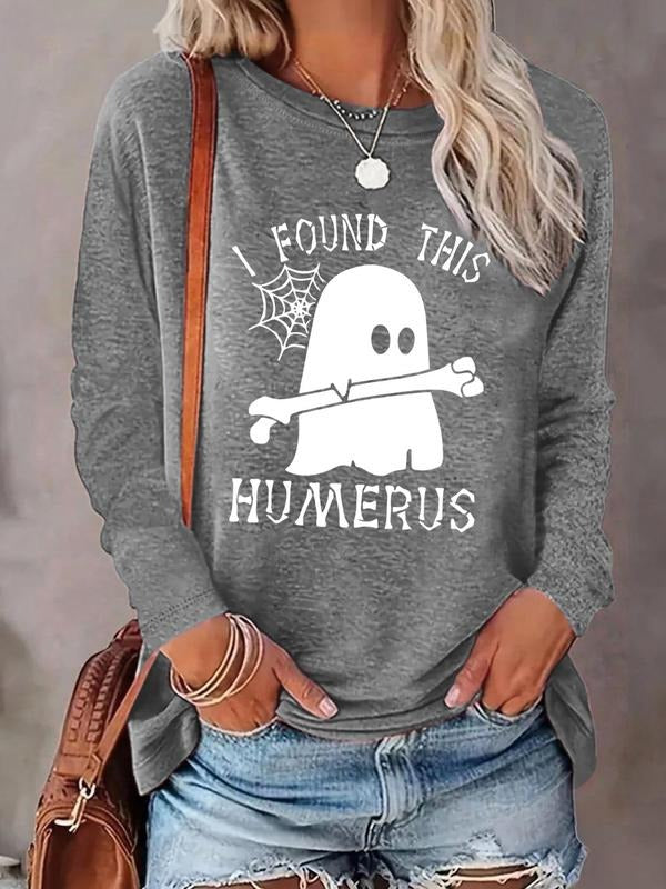 Women'WB shield Cartoon Ghost & Letter Print Drop Shoulder T-shirt, Halloween TNF Casual Long Sleeve Round Neck T-shirt...