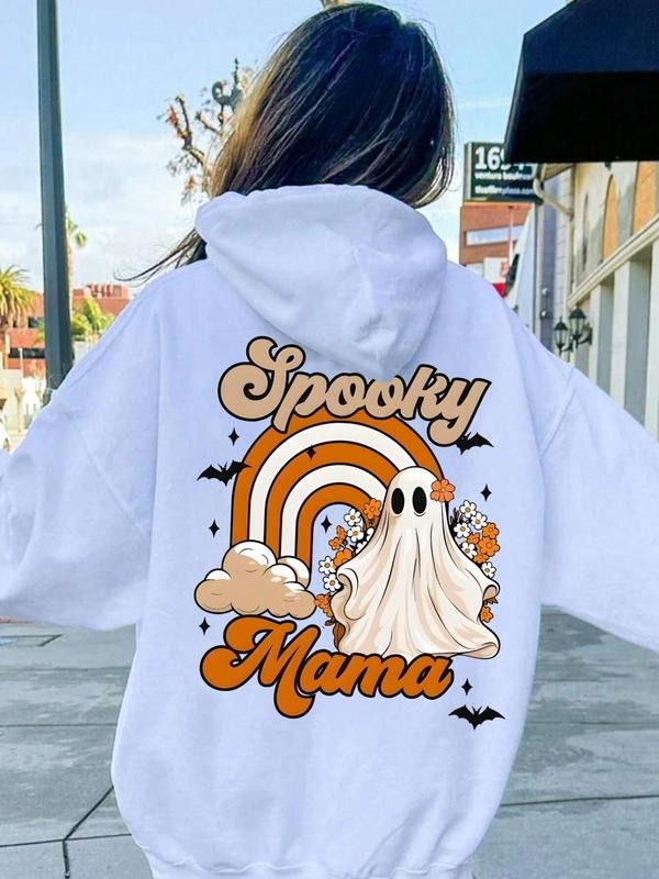 Women'WB shield Cartoon Ghost & Letter Print Drop Shoulder TNF Lined Hoodie, Fashion Casual Drawstring Pocket Halloween...
