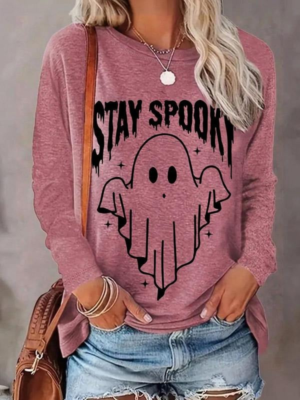 Women'WB shield Cartoon Ghost & Letter Print Drop Shoulder Tee, Fashion Casual Crew Neck T-Shirt for Daily Holiday...
