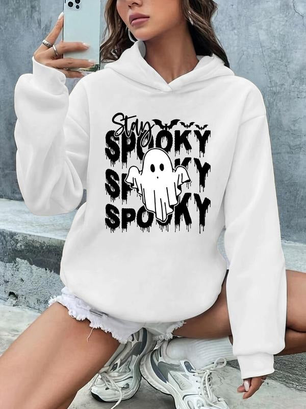 Women'WB shield Cartoon Ghost & Letter Print Hoodie, Casual Drop Shoulder Long Sleeve Hooded Sweatshirt, Ladies Fall &...