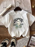 Women'WB shield Cartoon Ghost & Letter Print Round Neck Tee, Casual Short Sleeve Crew Neck T-Shirt for Fall & Winter,...