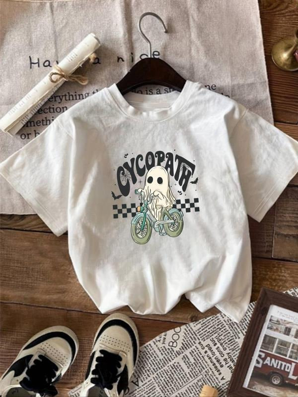 Women'WB shield Cartoon Ghost & Letter Print Round Neck Tee, Casual Short Sleeve Crew Neck T-Shirt for Fall & Winter,...