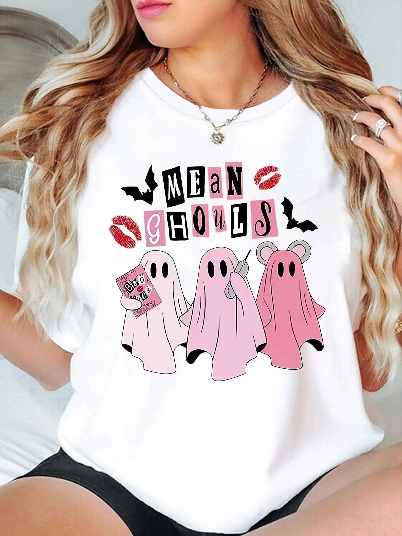 Women'WB shield Cartoon Ghost & Letter Print Round Neck Tee, Cute Casual Crew Neck Short Sleeve T-Shirt for Daily Holiday...