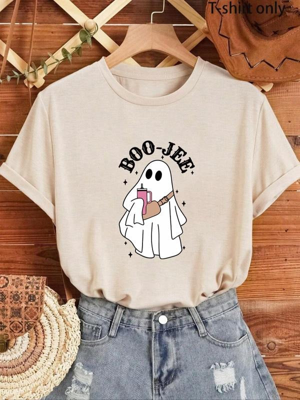 Women'WB shield Cartoon Ghost & Letter Print Round Neck Tee, Fashion Casual Short Sleeve T-shirt for Daily Wear, Ladies...