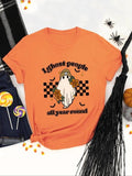 Women'WB shield Cartoon Ghost & Letter Print Round Neck Tee, Halloween Fashion Casual Checkerboard Print Crew Neck...