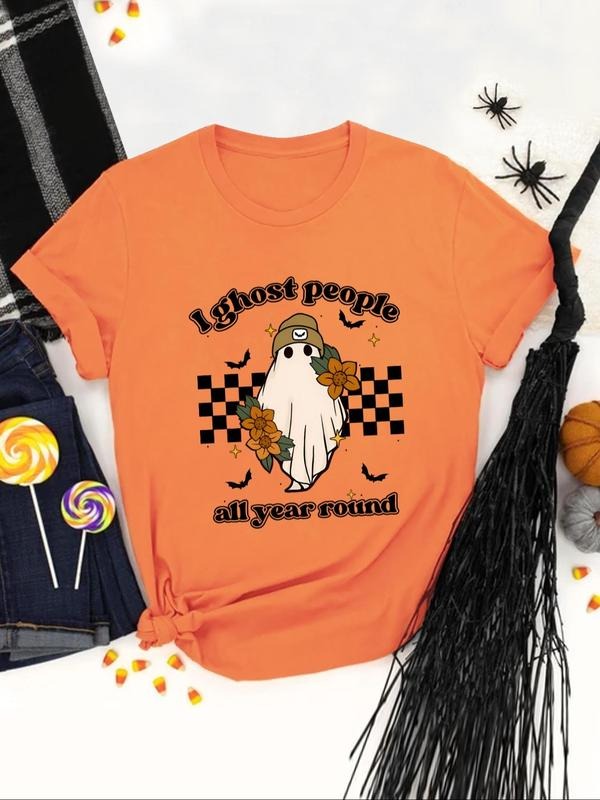 Women'WB shield Cartoon Ghost & Letter Print Round Neck Tee, Halloween Fashion Casual Checkerboard Print Crew Neck...