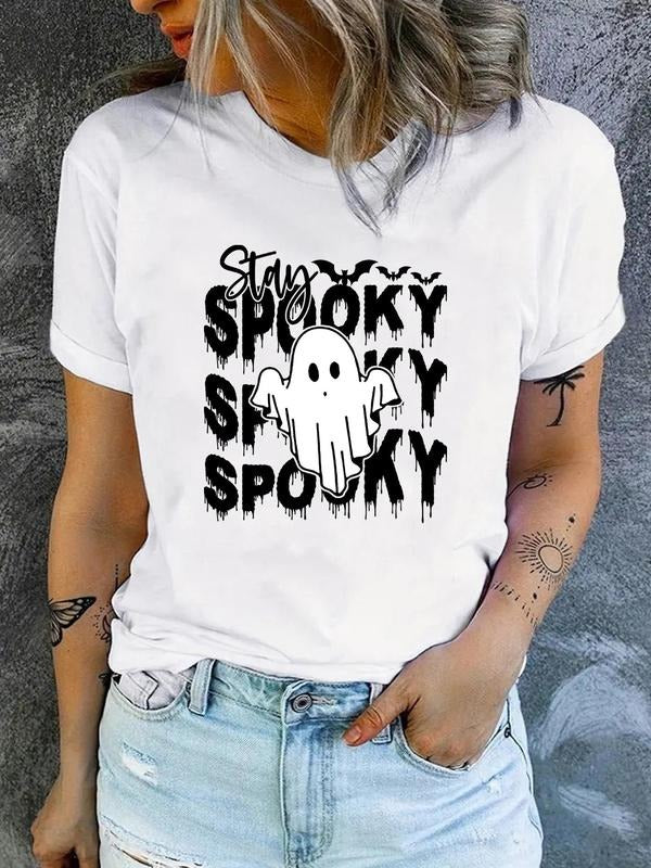 Women'WB shield Cartoon Ghost & Letter Print Round Neck Tee, Halloween Fashion Casual Short Sleeve T-shirt for Daily...