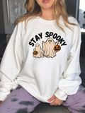 Women'WB shield Cartoon Ghost & Letter Print Sweatshirt, Cute Drop Shoulder Round Neck Pullover for Daily Wear, Ladies...