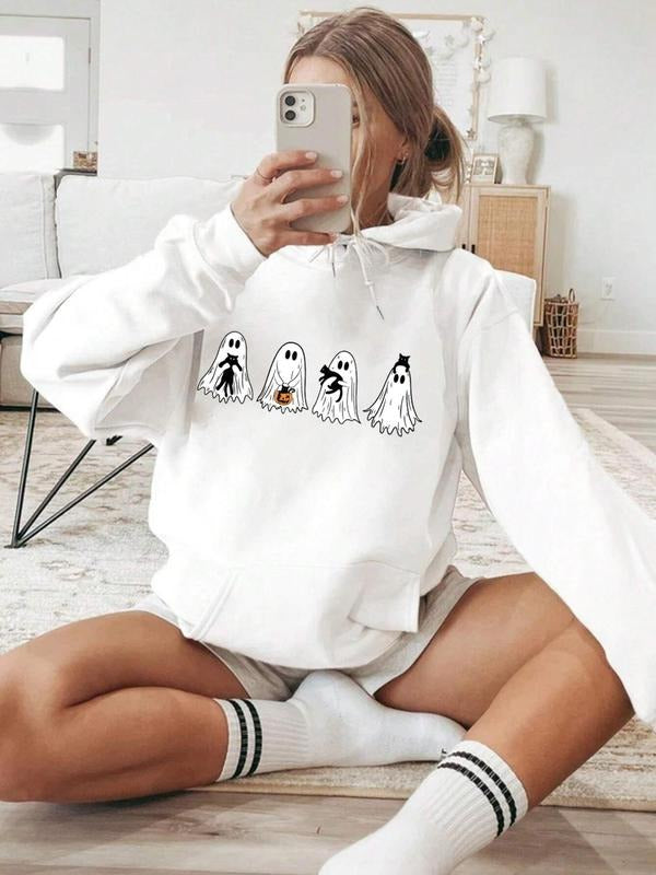 Women'WB shield Cartoon Ghost & Pumpkin Print Drop Shoulder Hoodie, Fashion Casual Drawstring Pocket Hooded Sweatshirt...