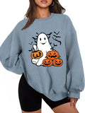 Women'WB shield Cartoon Ghost & Pumpkin Print Drop Shoulder Sweatshirt, Casual Long Sleeve Round Neck Pullover for Fall &...