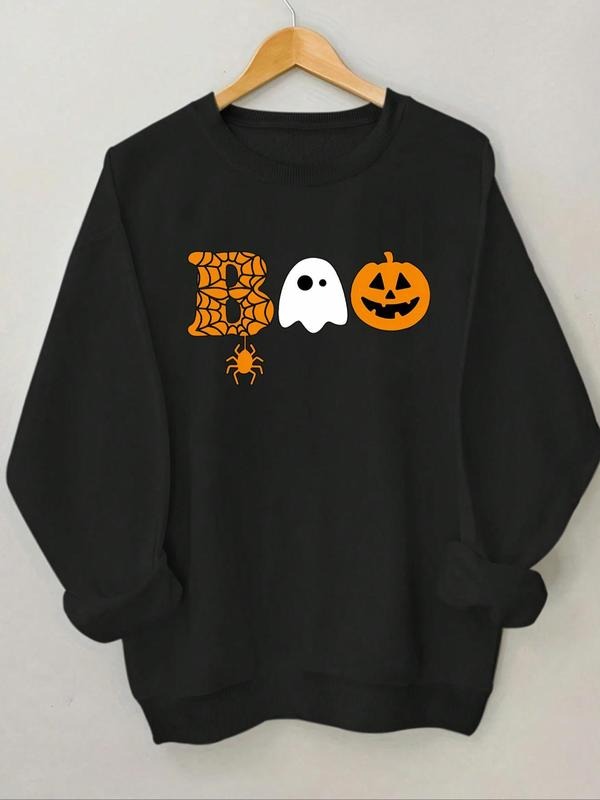 Women'WB shield Cartoon Ghost & Pumpkin Print Round Neck Sweatshirt, Casual Long Sleeve Crew Neck Pullover for Fall &...