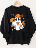 Women'WB shield Cartoon Ghost & Pumpkin Print Round Neck Sweatshirt, Casual Long Sleeve Pullover for Fall & Winter,...