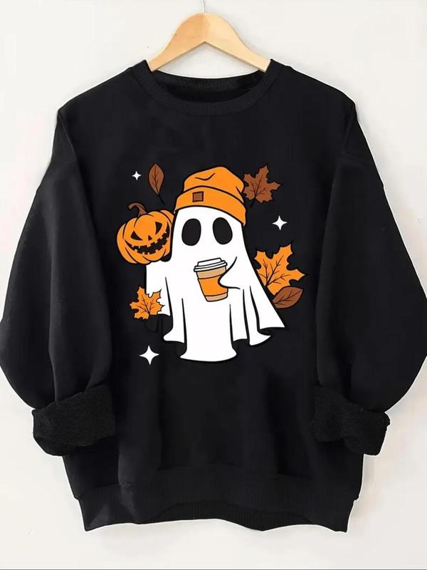 Women'WB shield Cartoon Ghost & Pumpkin Print Round Neck Sweatshirt, Casual Long Sleeve Pullover for Fall & Winter,...
