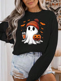 Women'WB shield Cartoon Ghost & Pumpkin Print Round Neck Sweatshirt, Cute Casual Halloween Long Sleeve Pullover for Daily...