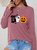 Women'WB shield Cartoon Ghost & Pumpkin Print Round Neck T-shirt, Fashion Casual Long Sleeve Tee, Women'WB shield Top for...