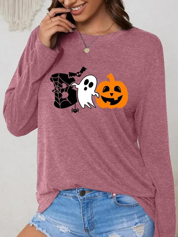 Women'WB shield Cartoon Ghost & Pumpkin Print Round Neck T-shirt, Fashion Casual Long Sleeve Tee, Women'WB shield Top for...