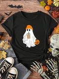 Women'WB shield Cartoon Ghost & Pumpkin Print Round Neck Tee, Fashion Casual Crew Neck T-shirt for Daily Holiday Vacation...