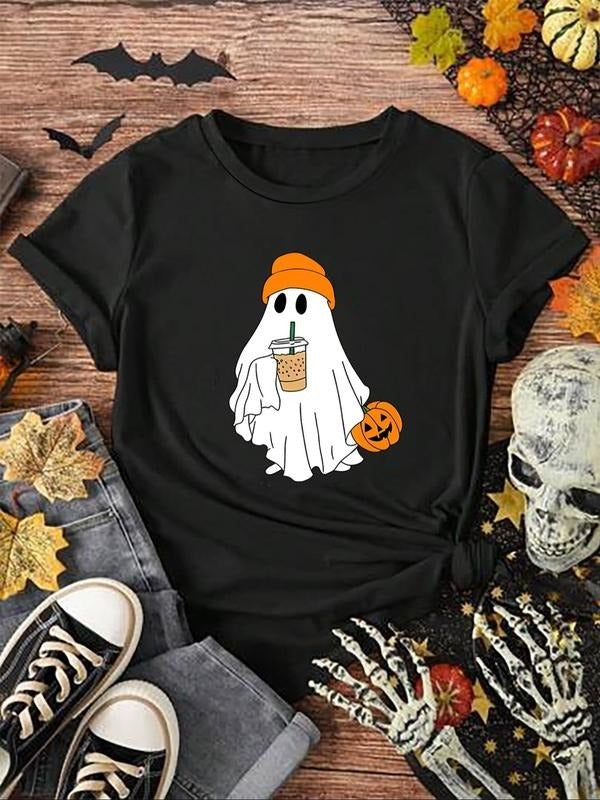 Women'WB shield Cartoon Ghost & Pumpkin Print Round Neck Tee, Fashion Casual Crew Neck T-shirt for Daily Holiday Vacation...