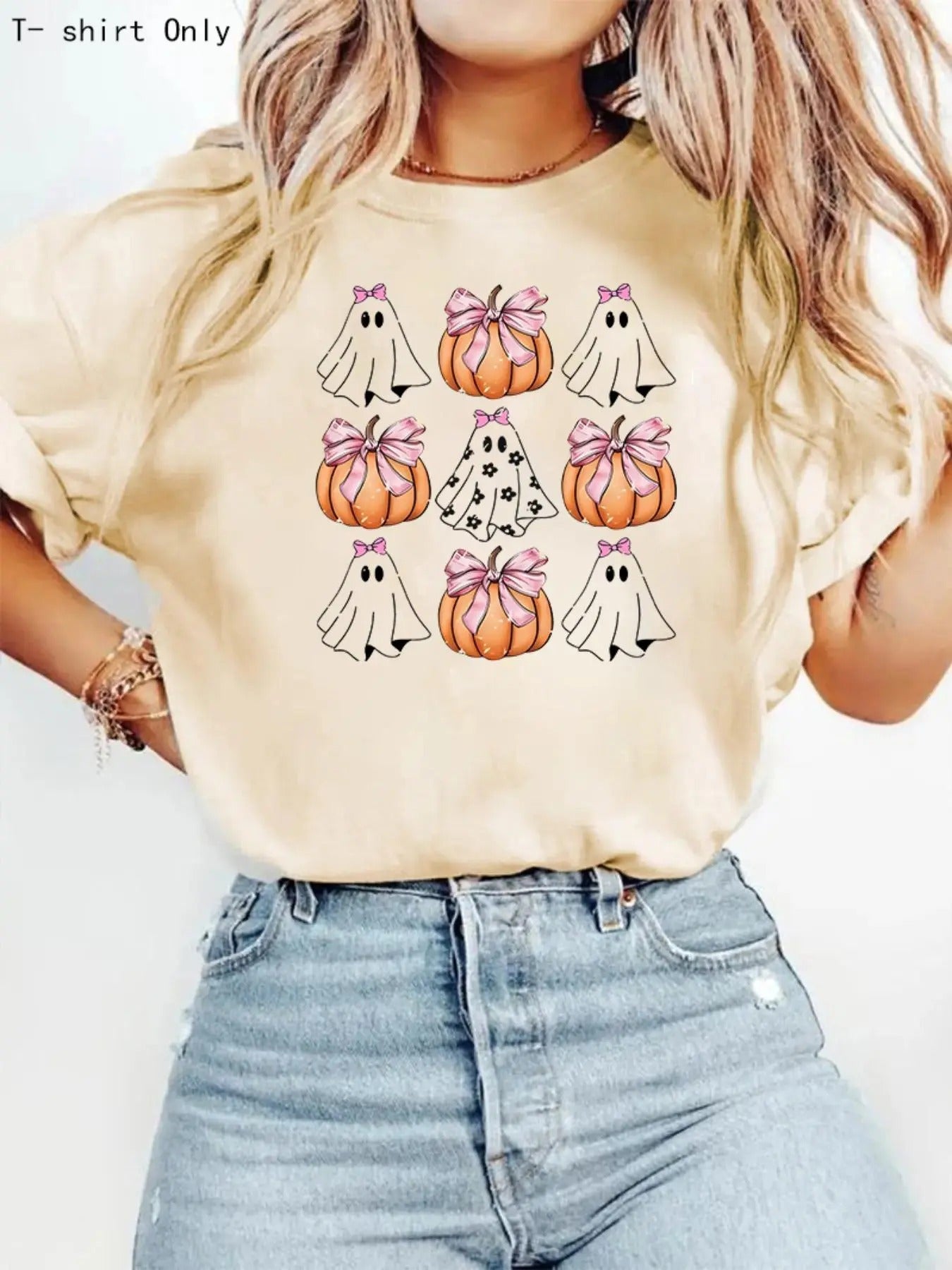Women'WB shield Cartoon Ghost & Pumpkin Print Round Neck Tee, Fashion Casual Short Sleeve T-shirt for Daily Holiday...