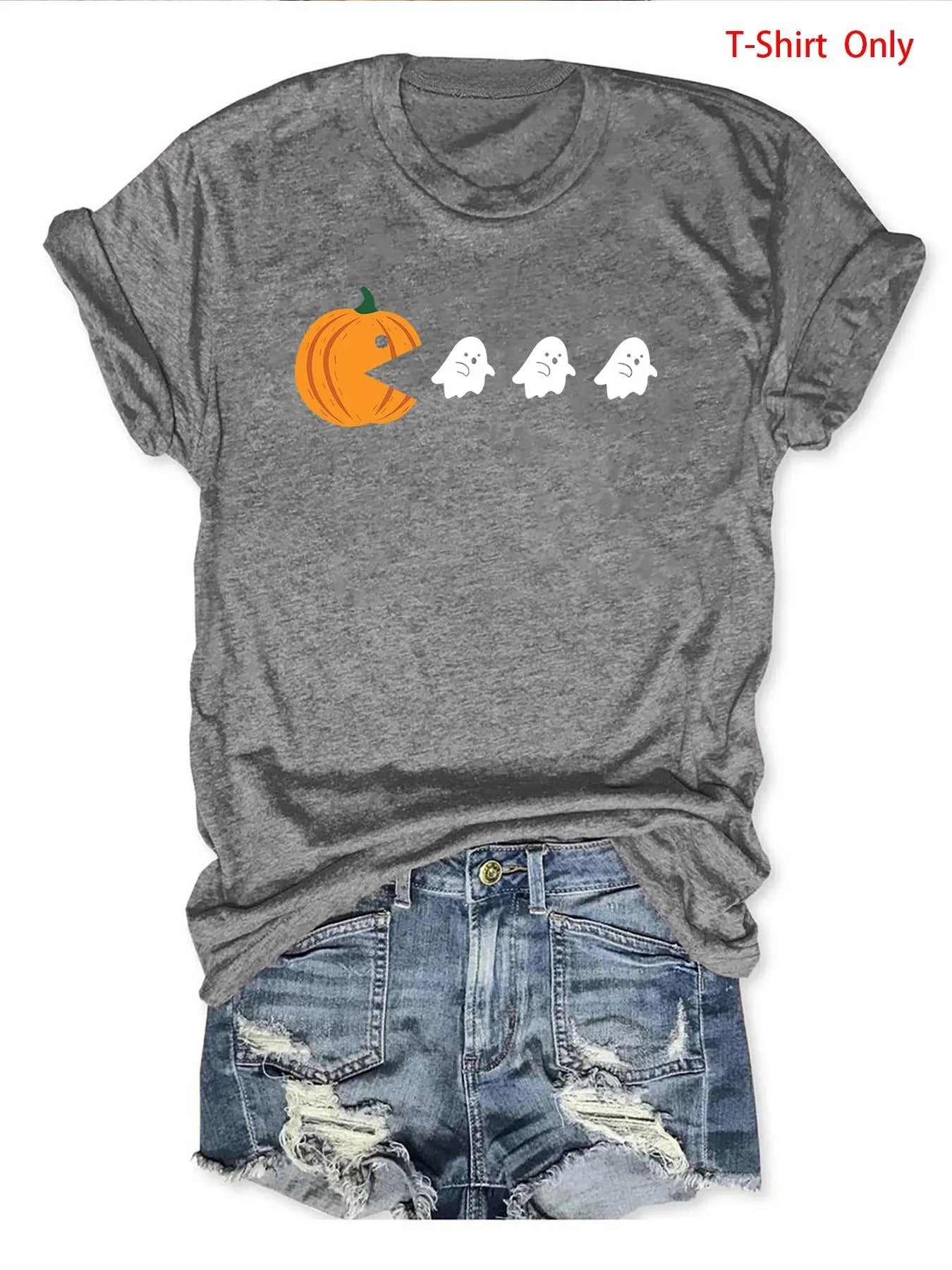 Women'WB shield Cartoon Ghost & Pumpkin Print Round Neck Tee, Fashion Casual Short Sleeve T-shirt for Daily Wear, Ladies...