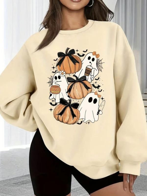Women'WB shield Cartoon Ghost & Pumpkin Print Sweatshirt, Halloween TNF Casual Long Sleeve Drop Shoulder Pullover for...