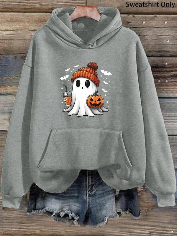 Women'WB shield Cartoon Ghost Print Drawstring Pocket Hoodie, Casual Drop Shoulder Long Sleeve Hooded Sweatshirt, Ladies...