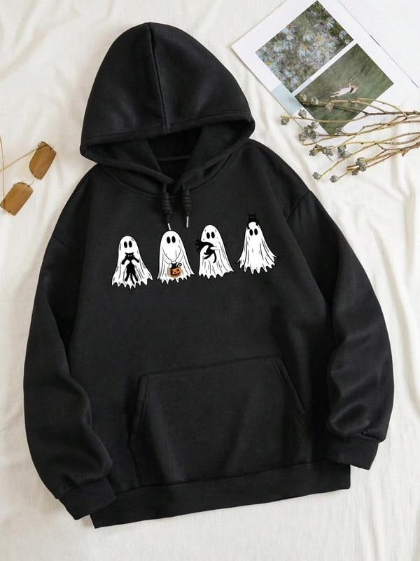 Women'WB shield Cartoon Ghost Print Drawstring Pocket Hoodie, Fashion Casual Halloween TNF Hooded Sweatshirt for Daily...