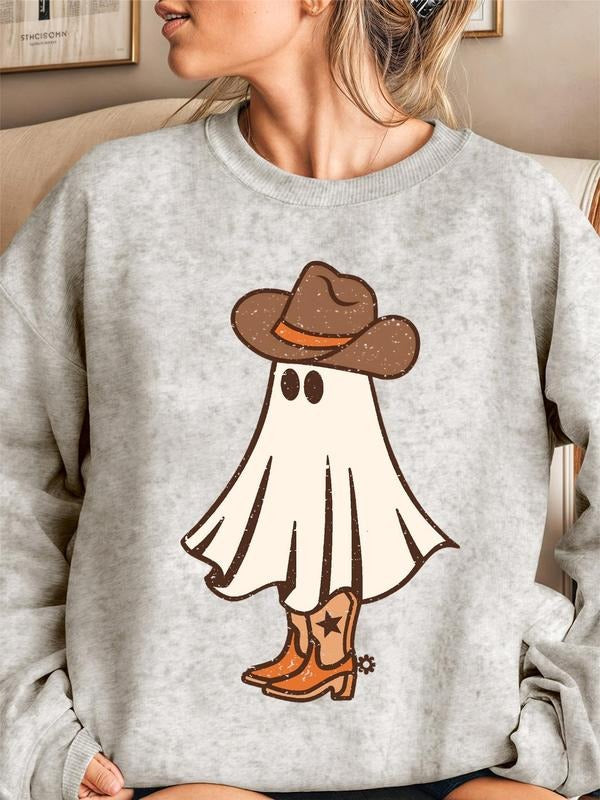 Women'WB shield Cartoon Ghost Print Drop Shoulder Sweatshirt, Casual Halloween Long Sleeve Round Neck Pullover for Daily...